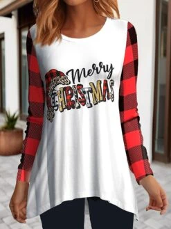 Women's T Shirt Tee Christmas Shirt Red Orange Graphic Letter Flowing Tunic Print Long Sleeve Christmas Weekend Festival / Holiday Christmas Round Neck Regular Fit Painting Spring &Fall