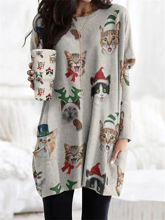 Women's Shirt Christmas Shirt Red Blue Green Cat Santa Claus Snowflake Pocket Print Long Sleeve Christmas Weekend Streetwear Christmas Round Neck Regular Fit Spring Fall 3 Women's Shirt Christmas Shirt Red Blue Green Cat Santa Claus Snowflake Pocket Print Long Sleeve Christmas Weekend Streetwear Christmas Round Neck Regular Fit Spring Fall