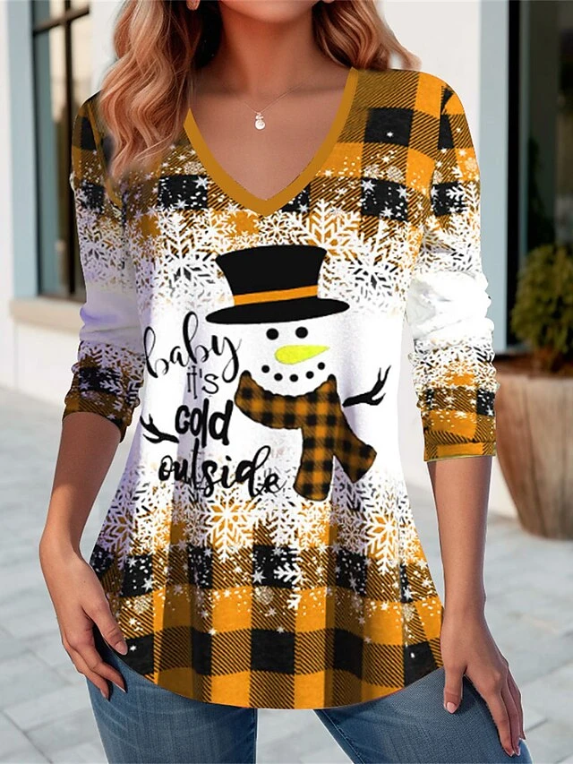 Women's T Shirt Tee Christmas Shirt Yellow Pink Red Plaid Snowman Print Long Sleeve Christmas Weekend Festival / Holiday Print Christmas V Neck Regular Fit Painting Spring &Fall 4 Women's T Shirt Tee Christmas Shirt Yellow Pink Red Plaid Snowman Print Long Sleeve Christmas Weekend Festival / Holiday Print Christmas V Neck Regular Fit Painting Spring &Fall - Image 2
