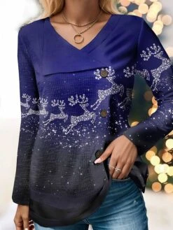 Women's T Shirt Tee Christmas Shirt Blue Reindeer Button Print Long Sleeve Christmas Weekend Festival / Holiday Christmas V Neck Regular Fit Painting Spring &Fall
