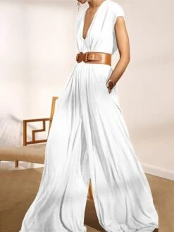 Women‘s Jumpsuit For Special Occasions Christmas Clean Fit Pocket Solid Color Deep V Wedding Holiday Xmas Street Daily Regular Fit Short Sleeve Black White Brown S M L Summer Without Belt -Cheap Women Clothing Store zmykri1680073340841