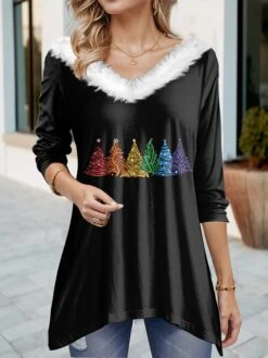 Women's Blouse Christmas Shirt Black Red Blue Christmas Tree Flowing Tunic Print Long Sleeve Party Christmas Casual Festival / Holiday Fur Collar Regular Fit Spring &Fall