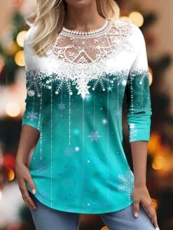 Women's T Shirt Tee Christmas Shirt Red Blue Green Snowflake Lace Print Long Sleeve Party Christmas Weekend Festival / Holiday Round Neck Regular Fit Painting Spring &Fall 7 Women's T Shirt Tee Christmas Shirt Red Blue Green Snowflake Lace Print Long Sleeve Party Christmas Weekend Festival / Holiday Round Neck Regular Fit Painting Spring &Fall -Cheap Women Clothing Store znggvr1697455292848
