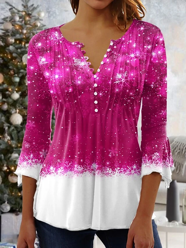 Women's Shirt Blouse Christmas Shirt Denim Blue Grass Green Black Snowflake Button Print 3/4 Length Sleeve Christmas Streetwear Casual Round Neck Regular Fit 4 Women's Shirt Blouse Christmas Shirt Denim Blue Grass Green Black Snowflake Button Print 3/4 Length Sleeve Christmas Streetwear Casual Round Neck Regular Fit - Image 2