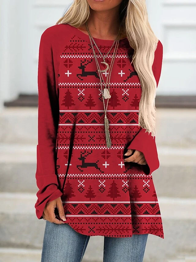Women's Shirt Christmas Shirt White Wine Red Geometric Ugly Christmas Print Long Sleeve Christmas Weekend Streetwear Casual Round Neck Regular Fit Geometric 5 Women's Shirt Christmas Shirt White Wine Red Geometric Ugly Christmas Print Long Sleeve Christmas Weekend Streetwear Casual Round Neck Regular Fit Geometric - Image 3