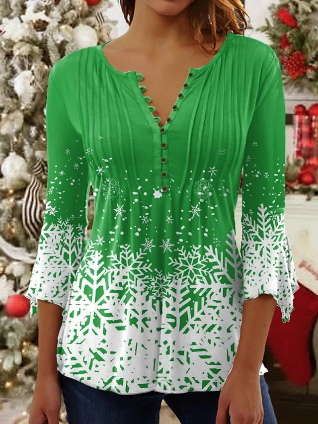 Women's Shirt Blouse Christmas Shirt Denim Blue Grass Green Black Snowflake Button Print 3/4 Length Sleeve Christmas Streetwear Casual Round Neck Regular Fit 12 Women's Shirt Blouse Christmas Shirt Denim Blue Grass Green Black Snowflake Button Print 3/4 Length Sleeve Christmas Streetwear Casual Round Neck Regular Fit - Image 10