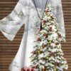 Women‘s Plus Size Christmas Tops Blouse Graphic Christmas Tree Print 3/4 Length Sleeve Streetwear Holiday Party Polyester Winter Fall Blue White