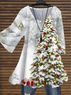 Women‘s Plus Size Christmas Tops Blouse Graphic Christmas Tree Print 3/4 Length Sleeve Streetwear Holiday Party Polyester Winter Fall Blue White