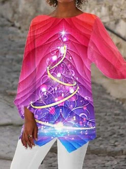 Women's Shirt Christmas Shirt Black White Yellow Christmas Tree Deer Asymmetric Print Long Sleeve Christmas Weekend Streetwear Christmas Round Neck Regular Fit -Cheap Women Clothing Store zqhhha1666257051335