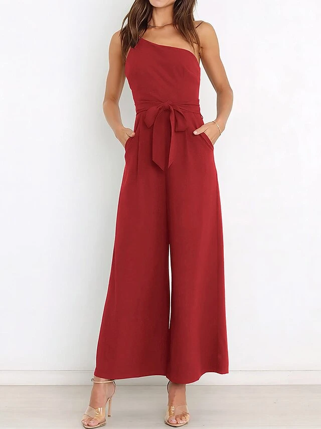 Women's Jumpsuit Pocket High Waist Solid Color One Shoulder Elegant Party Christmas Regular Fit Sleeveless Yellow Army Green Red S M L Fall 6 Women's Jumpsuit Pocket High Waist Solid Color One Shoulder Elegant Party Christmas Regular Fit Sleeveless Yellow Army Green Red S M L Fall - Image 4