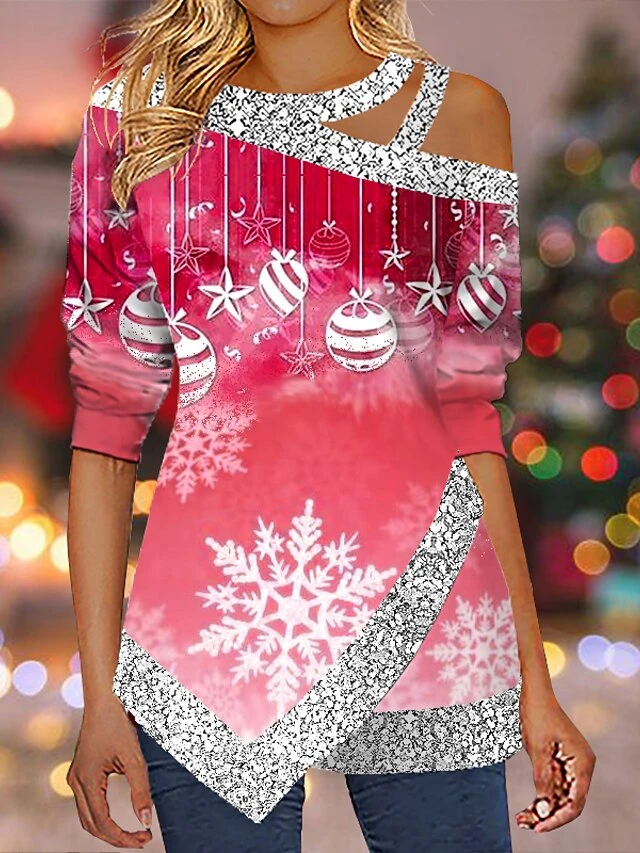 Women's Shirt Christmas Shirt Black White Pink Sparkly Snowflake Cut Out Asymmetric Print Long Sleeve Party Christmas Weekend Streetwear Metallic Casual Round Neck Regular Fit Spring Fall 15 Women's Shirt Christmas Shirt Black White Pink Sparkly Snowflake Cut Out Asymmetric Print Long Sleeve Party Christmas Weekend Streetwear Metallic Casual Round Neck Regular Fit Spring Fall - Image 13