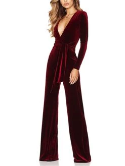 Women's Jumpsuit Velvet Lace Up High Waist Solid Color Deep V Dressy Xmas Wedding Party Christmas Business Office Work Regular Fit Long Sleeve Black Wine Red S M L Fall 24 Women's Jumpsuit Velvet Lace Up High Waist Solid Color Deep V Dressy Xmas Wedding Party Christmas Business Office Work Regular Fit Long Sleeve Black Wine Red S M L Fall -Cheap Women Clothing Store zuxxfv1690352968290