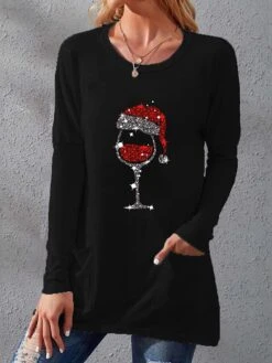 Women's T Shirt Tee Christmas Shirt Black White Pink Graphic Print Long Sleeve Christmas Weekend Basic Christmas Round Neck Regular Fit Painting Fall & Winter