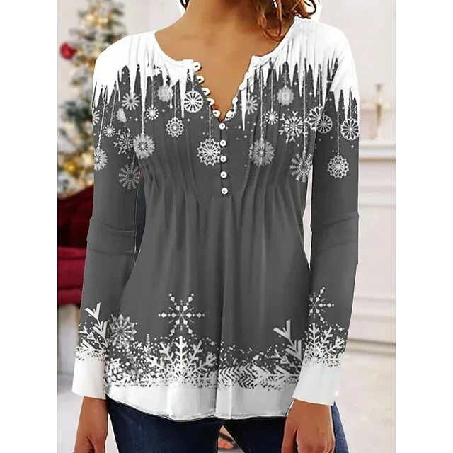 Women's Shirt Christmas Shirt Black Wine Red Color Block Snowflake Button Print Long Sleeve Christmas Weekend Streetwear Casual Round Neck Regular Fit Spring Fall 5 Women's Shirt Christmas Shirt Black Wine Red Color Block Snowflake Button Print Long Sleeve Christmas Weekend Streetwear Casual Round Neck Regular Fit Spring Fall - Image 3