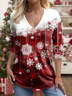 Women's T Shirt Tee Christmas Shirt Red Blue Purple Snowflake Print Long Sleeve Christmas Weekend Festival / Holiday V Neck Regular Fit Painting Spring &Fall