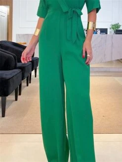 Women's Jumpsuit Lace Up High Waist Solid Color Shirt Collar Streetwear Xmas Street Daily Christmas Regular Fit Half Sleeve Green S M L Summer -Cheap Women Clothing Store zxoegp1680073337198