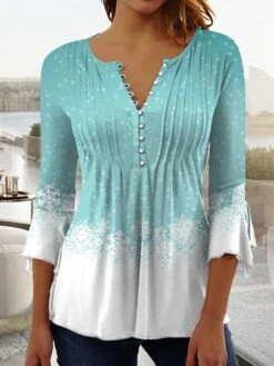 Women's Shirt Christmas Shirt Pink Blue Purple Snowflake Button Print 3/4 Length Sleeve Christmas Weekend Streetwear Casual Round Neck Regular Fit -Cheap Women Clothing Store zxpaaq1668481174263