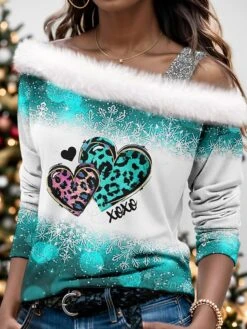 Women's Blouse Christmas Shirt Red Blue Green Leopard Heart Snowflake Print Long Sleeve Christmas Casual Festival / Holiday Fur Collar Regular Fit Spring &Fall -Cheap Women Clothing Store zymhgh1697688553230