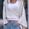 Women's Shirt Blouse White Sparkly Sequins Long Sleeve Party Christmas Fashion V Neck Regular Fit Bell Sleeve Spring &Fall -Cheap Women Clothing Store zzalwl1697191539376