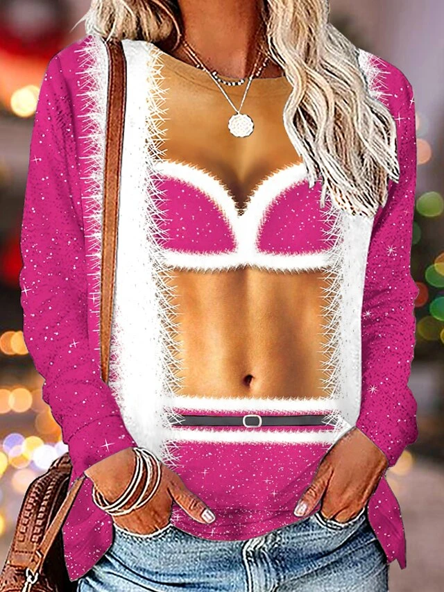 Women's T Shirt Tee Christmas Shirt Pink Red Blue Graphic Ugly Christmas Print Long Sleeve Christmas Weekend Basic Christmas Round Neck Regular Fit Floral Painting Fall & Winter 7 Women's T Shirt Tee Christmas Shirt Pink Red Blue Graphic Ugly Christmas Print Long Sleeve Christmas Weekend Basic Christmas Round Neck Regular Fit Floral Painting Fall & Winter - Image 5